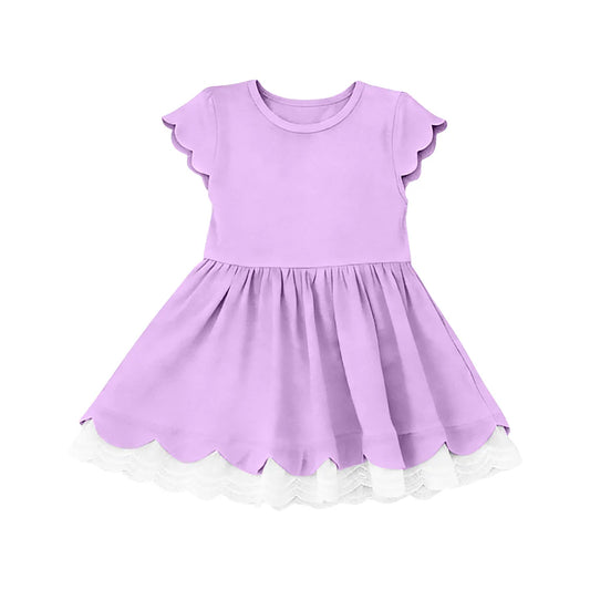( Moq 5 ) Preorder Baby Girls Kids Short Sleeves Purple Ruffle Knee Length Dress