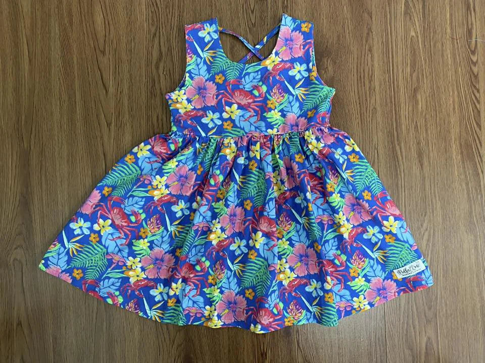 ( Moq 5 ) Preorder Baby Girls Kids Sleeveless Crabs Flower Knee Length Dress