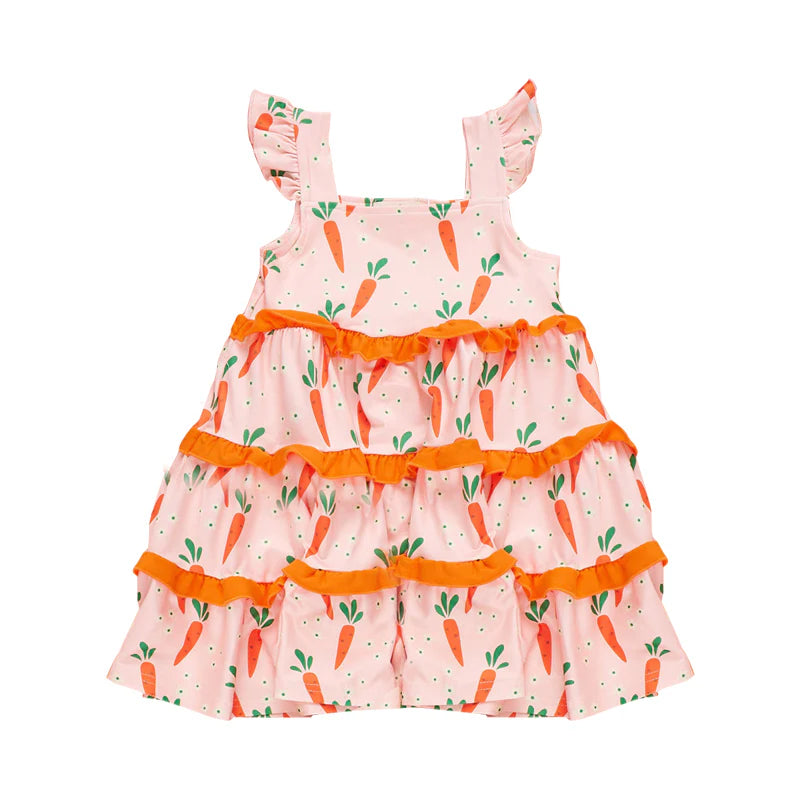 ( Moq 5 ) Preorder Baby Girls Kids Short Sleeves Carrots Floral Easter Ruffle Knee Length Dress