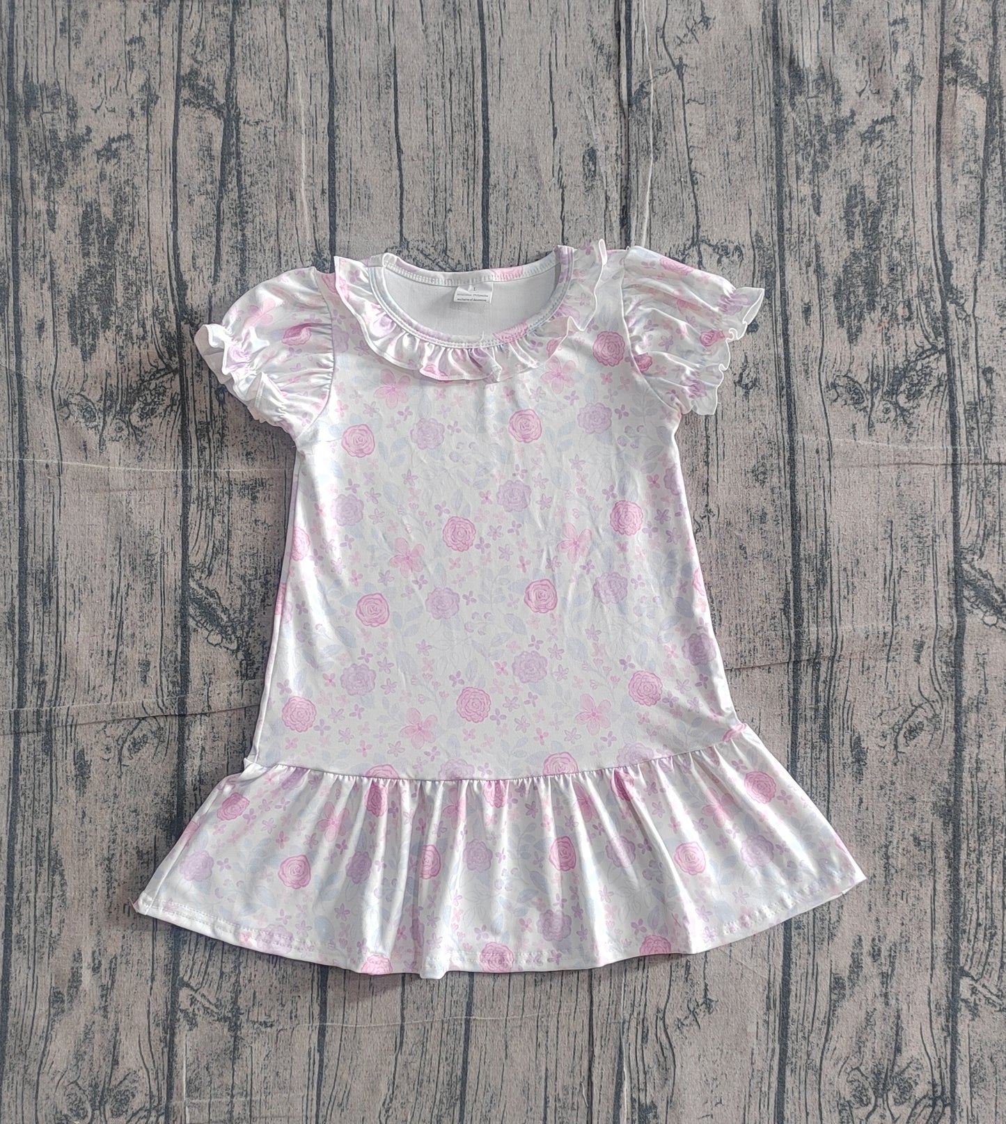 Baby Girls Kids Short Sleeves Purple Pink Flower Ruffle Knee Length Dress RTS