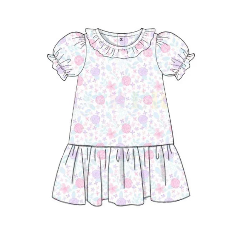 ( Moq 5 ) Preorder Baby Girls Kids Short Sleeves Purple Pink Flower Ruffle Knee Length Dress