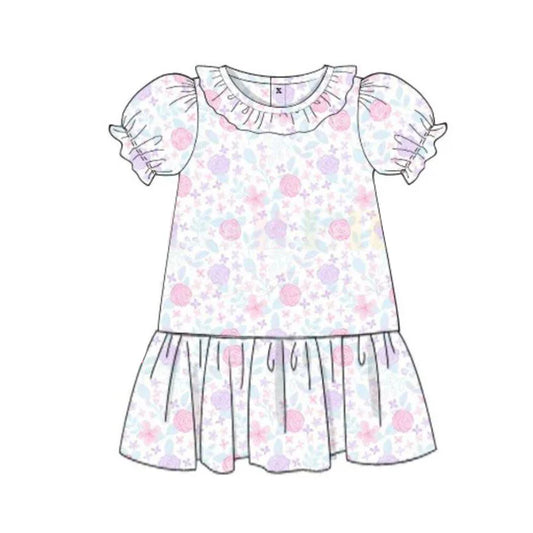 ( Moq 5 ) Preorder Baby Girls Kids Short Sleeves Purple Pink Flower Ruffle Knee Length Dress
