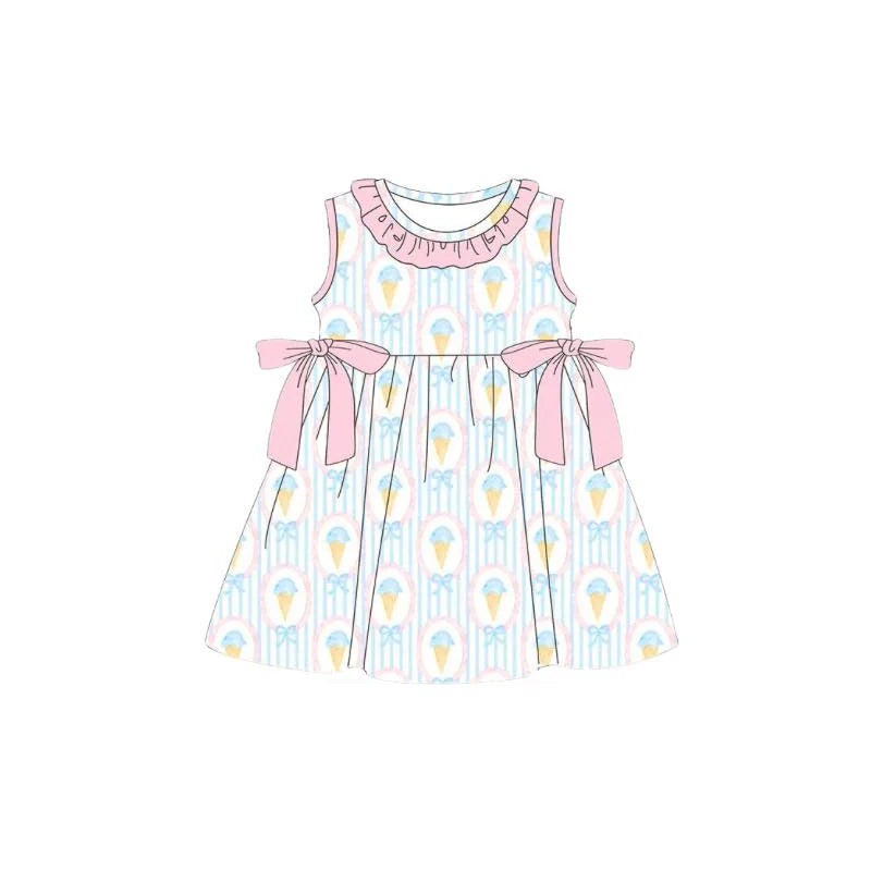 ( Moq 5 ) Preorder Baby Girls Kids Sleeveless Popsicles Bows Stripes Knee Length Dress