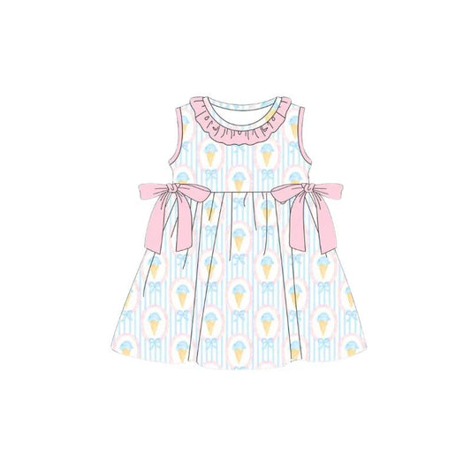 ( Moq 5 ) Preorder Baby Girls Kids Sleeveless Popsicles Bows Stripes Knee Length Dress