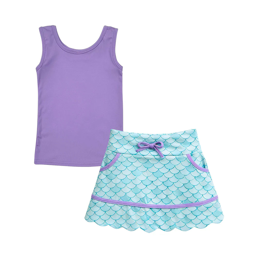 ( Moq 5 ) Preorder Baby Girls Kids Sleeveless Purple Tops Mermaid Pockets Skirt Shorts Yoga Set