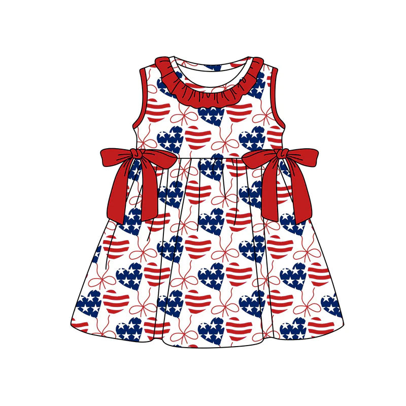 ( Moq 5 ) Preorder Baby Girls Kids Hearts Stars Bows 4th of July Knee Length Dress