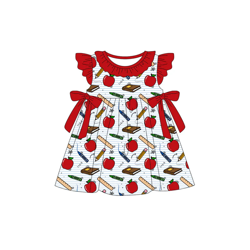 ( Moq 5 ) Preorder Baby Girls Kids Short Sleeves Apple Pencil Bows Back to School Knee Length Dress