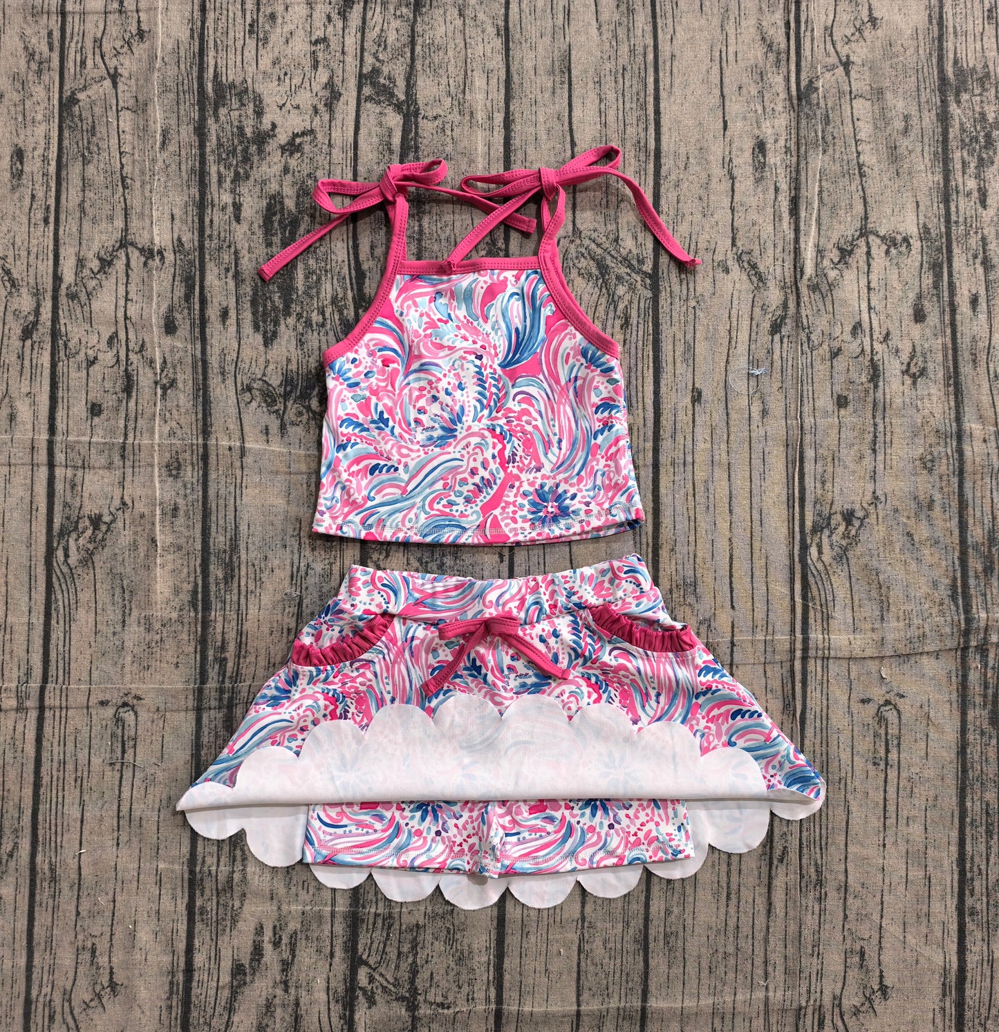 ( No moq ) Preorder Baby Girls Kids Straps Colorful Tops Pockets Skirt Shorts Yoga Set