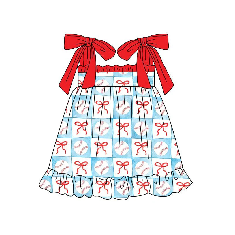 ( Moq 5 ) Preorder Baby Girls Kids Straps Baseball Bows Summer Knee Length Dress