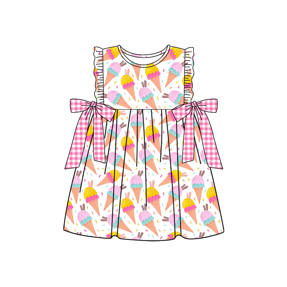 ( Moq 5 ) Preorder Baby Girls Kids Sleeveless Bows Ice Cream Ruffle Summer Knee Length Dress