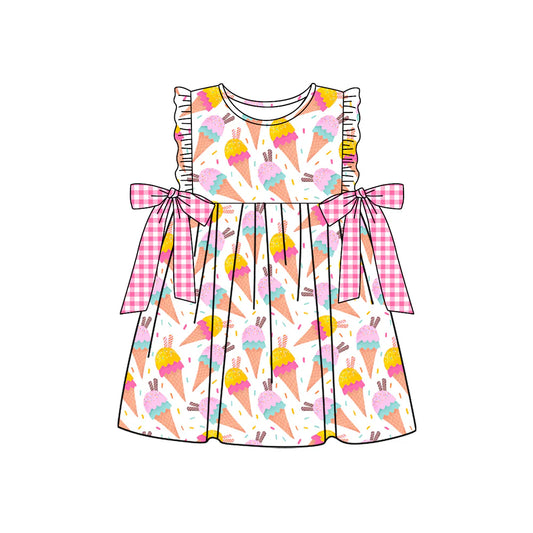 ( Moq 5 ) Preorder Baby Girls Kids Sleeveless Bows Ice Cream Ruffle Summer Knee Length Dress