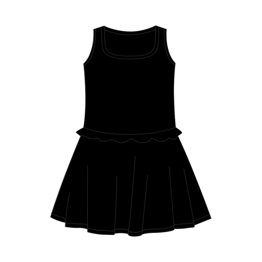 ( Moq 5 ) Preorder Baby Girls Kids Sleeveless Black Ruffle Yoga Shorts Knee Length Dress