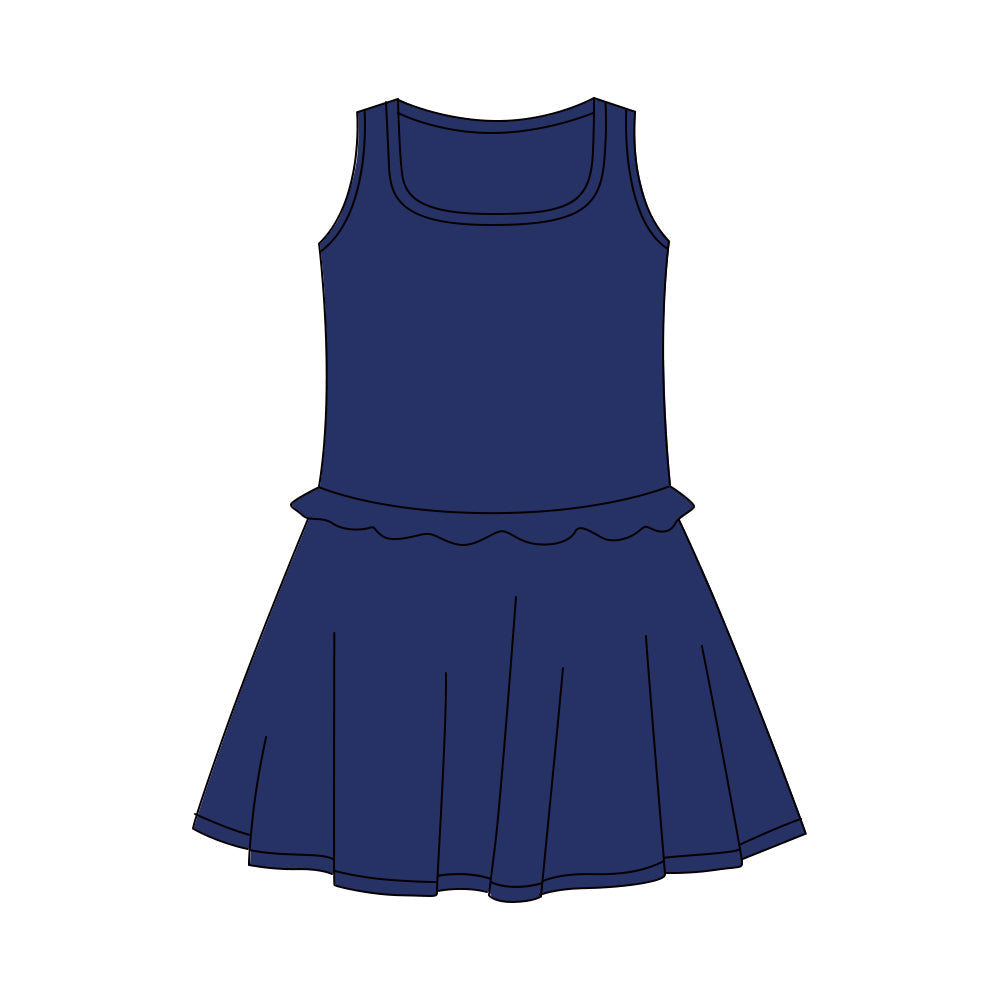 ( Moq 5 ) Preorder Baby Girls Kids Sleeveless Navy Ruffle Yoga Shorts Knee Length Dress