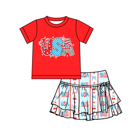 ( Moq 5 ) Preorder Baby Girls Kids Red Shirt USA Flags Bows Shorts Skirt 4th of July Yoga Set