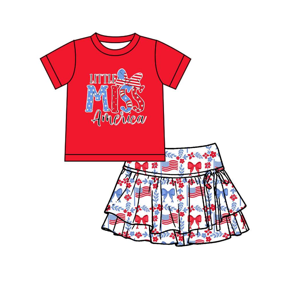 ( Moq 5 ) Preorder Baby Girls Kids Red Short Sleeves Shirt Flags Bows Flower Shorts Skirt 4th of July Yoga Set
