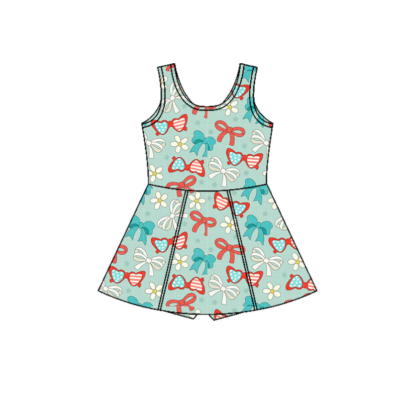 ( Moq 5 ) Preorder Baby Girls Toddler Glasses Bows Flower 4th of July Yoga Shorts Knee Length Dress