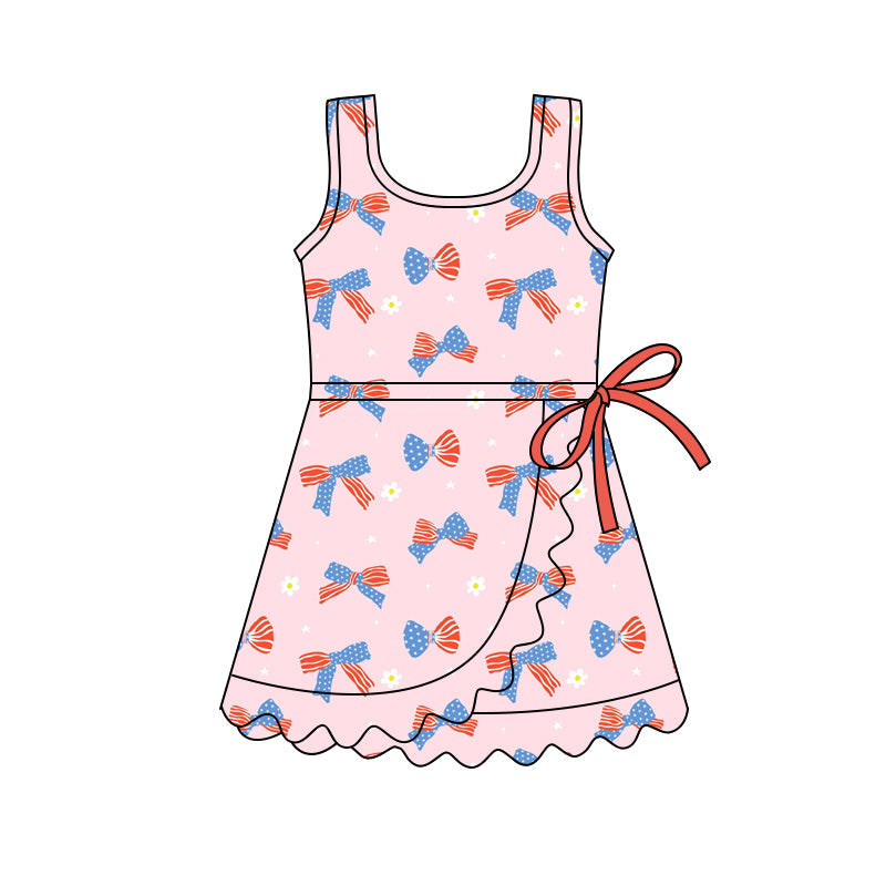 ( Moq 5 ) Preorder Baby Girls Kids Bows Flower Pink Scallop 4th of July Yoga Shorts Knee Length Dress