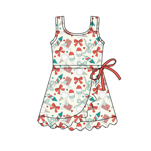 ( Moq 5 ) Preorder Baby Girls Kids Popsicles Bows Scallop 4th of July Yoga Shorts Knee Length Dress