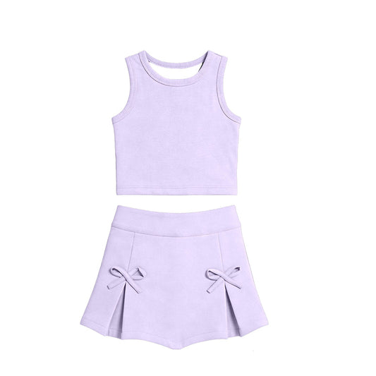( Moq 5 ) Preorder Baby Girls Kids Purple Tops Bows Skirt Shorts Summer Yoga Active Clothes Set