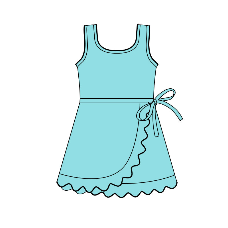 ( Moq 5 ) Preorder Baby Girls Kids Sleeveless Blue Green Scallop Yoga Active Knee Length Dress