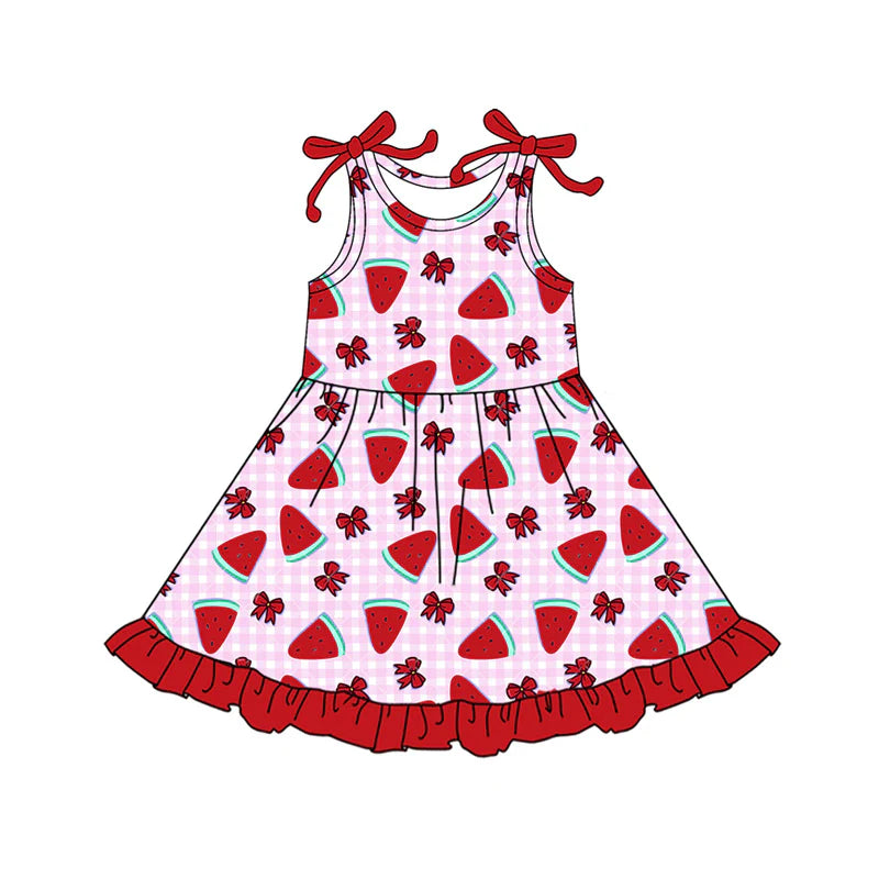 ( Moq 5 ) Preorder Baby Girls Kids Straps Watermelon Red Bows Summer Knee Length Dress