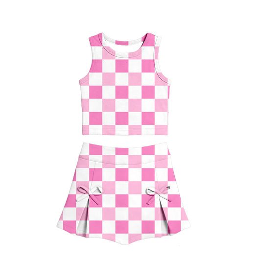 ( Moq 5 ) Preorder Baby Girls Kids Pink Checked Tops Bows Skirt Shorts Yoga Summer Set