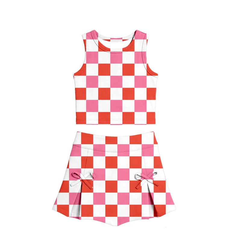 ( Moq 5 ) Preorder Baby Girls Kids Pink Red Checked Tops Bows Skirt Shorts Yoga Summer Set