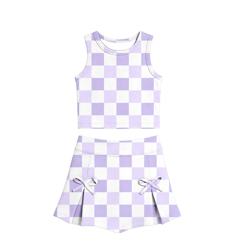 ( Moq 5 ) Preorder Baby Girls Kids Purple Checked Tops Bows Skirt Shorts Yoga Clothes Summer Set