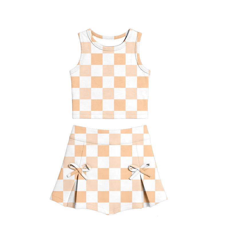 ( Moq 5 ) Preorder Baby Girls Kids Orange Checked Tops Bows Skirt Shorts Yoga Clothes Summer Set