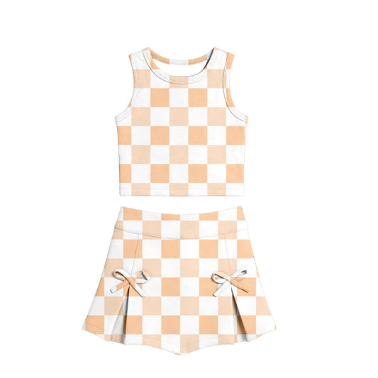 ( Moq 5 ) Preorder Baby Girls Kids Orange Checked Tops Bows Skirt Shorts Yoga Clothes Summer Set