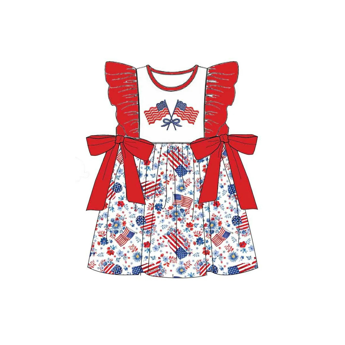 ( Moq 5 ) Preorder ( Moq 5 ) Preorder Baby Girls Kids Flags Hearts Bows Floral 4th of July Knee Length Dress