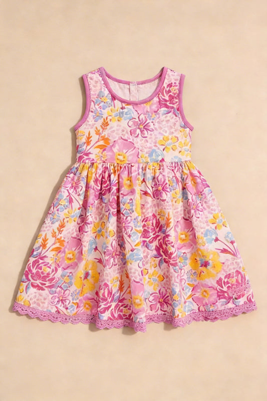 ( Moq 5 ) Preorder Baby Girls Kids Sleeveless Flower Pink Knee Length Dress