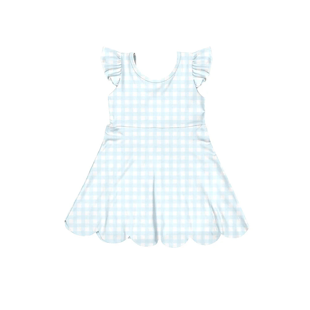 ( Moq 5 ) Preorder Baby Girls Kids Short Sleeves Blue Plaid Yoga Active Knee Length Dress
