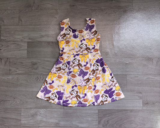 ( No moq ) Preorder Baby Girls Kids Sleeveless Tigers Bows Football Yoga Team Knee Length Dress