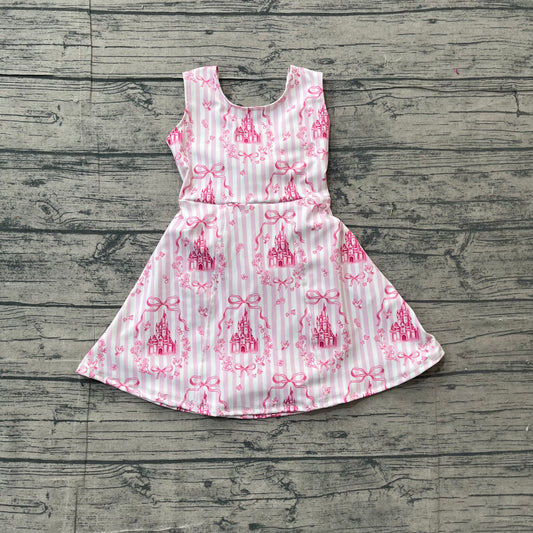 ( No moq ) Preorder Baby Girls Kids Sleeveless Castles Bows Floral Shorts Knee Length Pink Dress