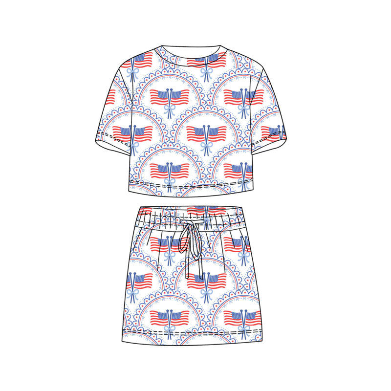 ( Moq 5 ) Preorder Baby Girls Kids Short Sleeves Flags Bows Shirt Shorts Skirt 4th of July Set