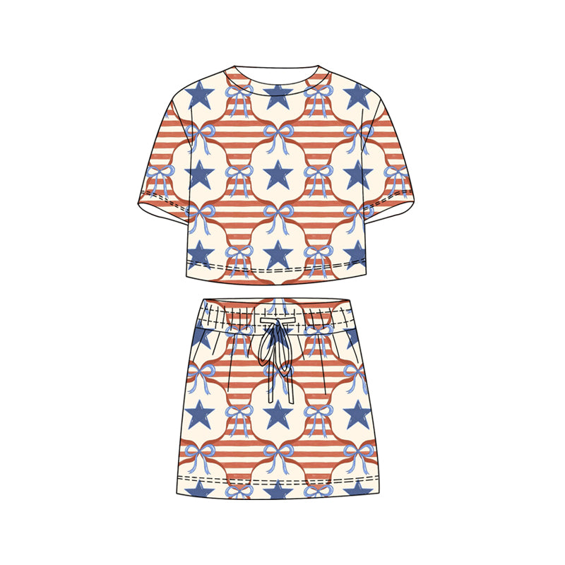 ( Moq 5 ) Preorder Baby Girls Kids Short Sleeves Stars Bows Stripes Shirt Shorts Skirt 4th of July Set