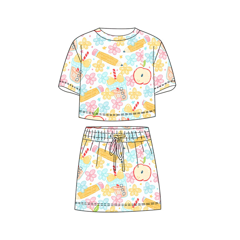( Moq 5 ) Preorder Baby Girls Kids Short Sleeves Pencil Flower Shirt Shorts Skirt Back To School Set