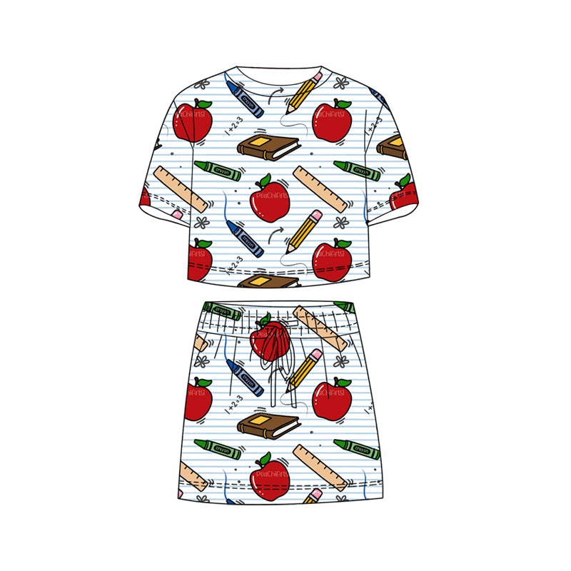( Moq 5 ) Preorder Baby Girls Kids Short Sleeves Apple Pencil Shirt Shorts Skirt Back To School Set