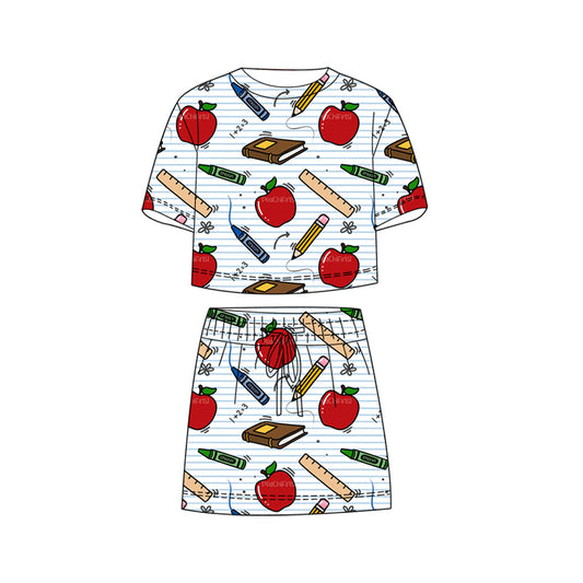 ( Moq 5 ) Preorder Baby Girls Kids Short Sleeves Apple Pencil Shirt Shorts Skirt Back To School Set