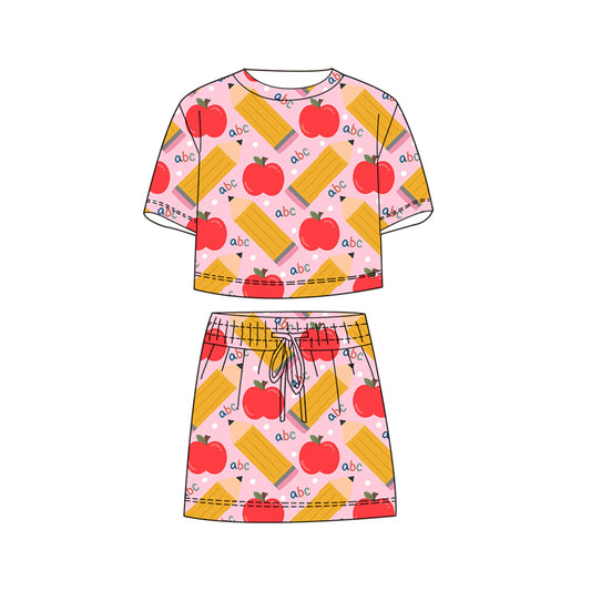 ( Moq 5 ) Preorder Baby Girls Kids Short Sleeves Apple Pencil Shirt Shorts Skirt Back To School Pink Set