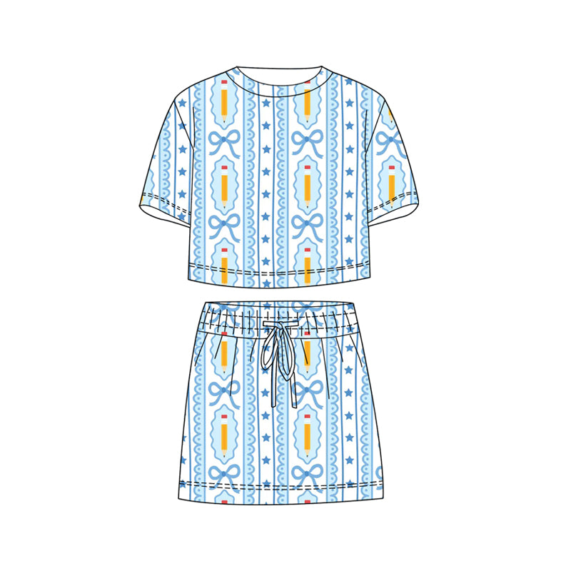 ( Moq 5 ) Preorder Baby Girls Kids Short Sleeves Pencil Bows Shirt Shorts Skirt Back To School Blue Set