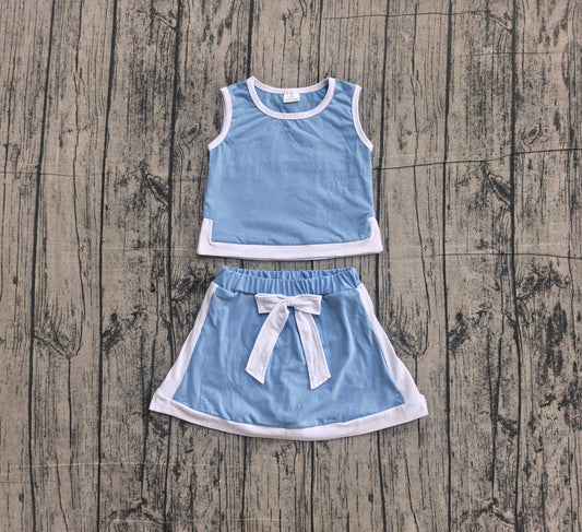 ( No moq ) Preorder Baby Girls Kids Sleeveless Blue Tops Skirt Shorts Cotton Set