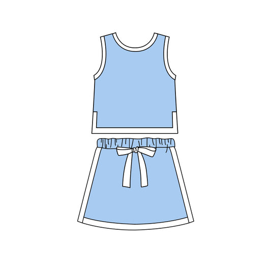 ( Moq 5 ) Preorder Baby Girls Kids Sleeveless Blue Tops Skirt Shorts Cotton Set
