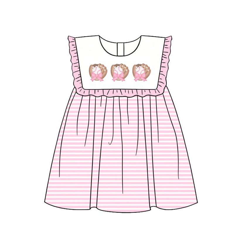 ( Moq 5 ) Preorder Baby Girls Kids Baseball Bows Pink Stripes Ruffle Knee Length Dress