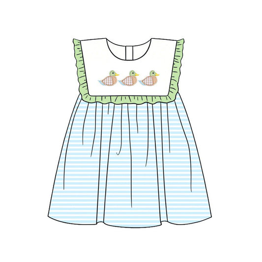 ( Moq 5 ) Preorder Baby Girls Kids Ducks Blue Stripes Ruffle Knee Length Dress