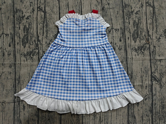 ( No moq ) Preorder Baby Girls Kids Blue Plaid 4th of July Ruffle Knee Length Dress