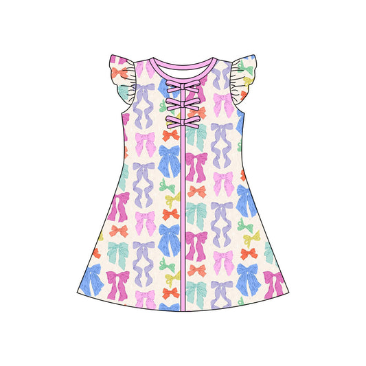 ( Moq 5 ) Preorder Baby Girls Kids Short Sleeves Colorful Bows Knee Length Dress
