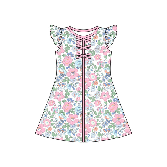 ( Moq 5 ) Preorder Baby Girls Short Sleeves Flower Bows Knee Length Dress