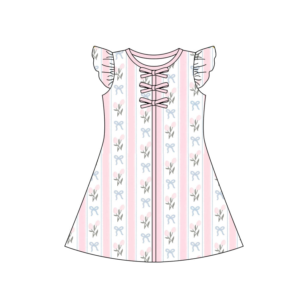 ( Moq 5 ) Preorder Baby Girls Short Sleeves Bows Flower Bows Knee Length Dress